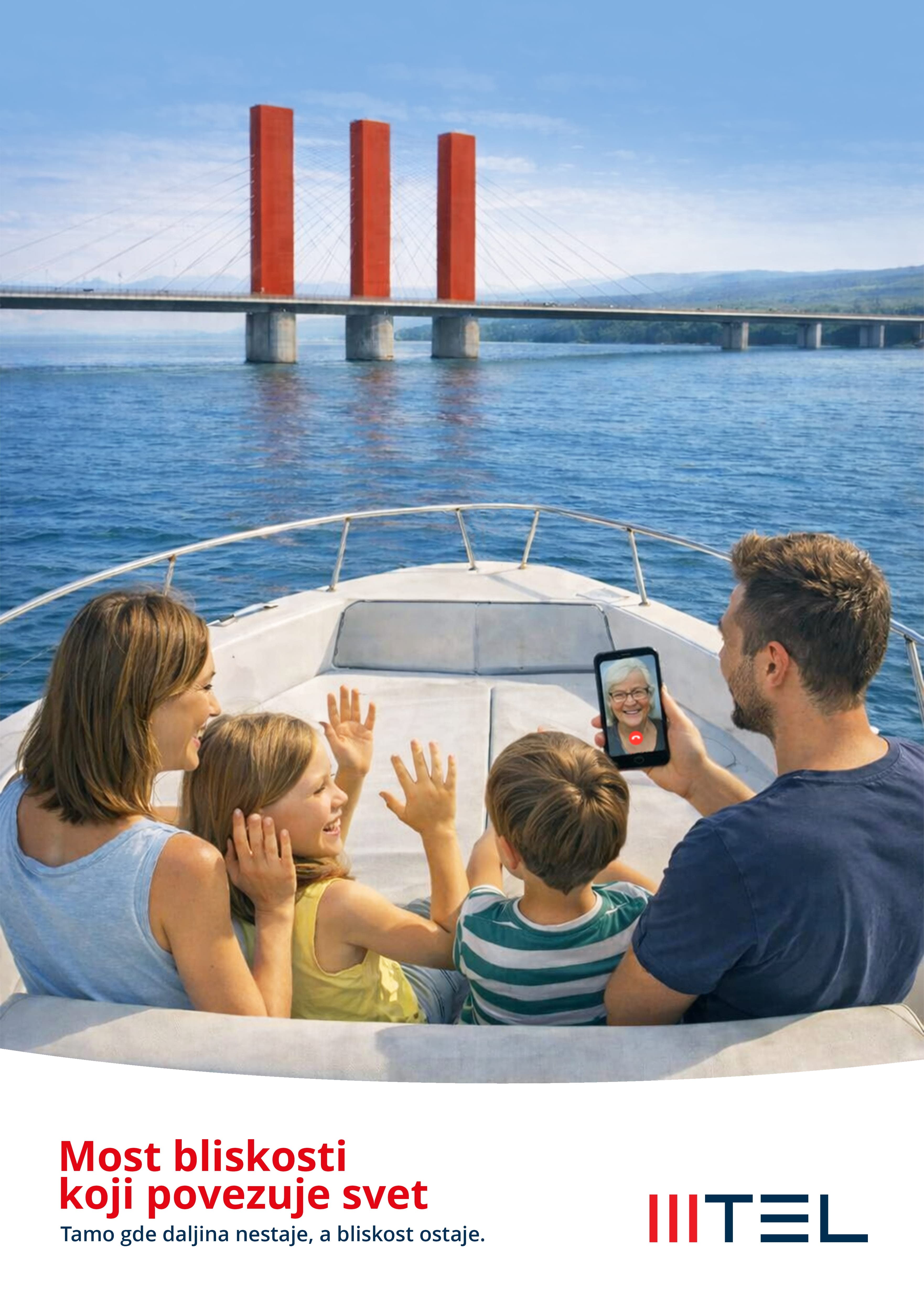 Key visual — family video calling from a boat, bridge in the background